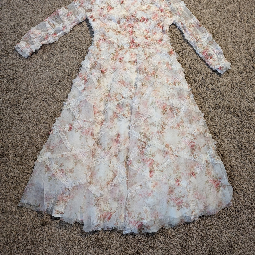 Vintage-Inspired Pink Floral Ruffle Maxi Dress